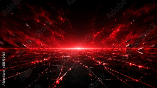 Abstract futuristic background featuring a glowing red energy portal with shattered glass particles, digital network lines, and reflective surface. Ideal for AI, cybersecurity, technology, sci-fi, gam