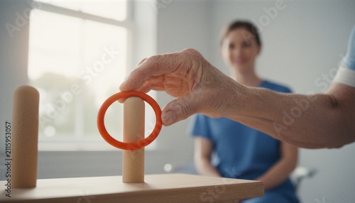 Elderly woman performs physical therapy exercise with wooden toy. Senior patient recovering motor skills with occupational therapist. Rehabilitation session for stroke recovery and health.