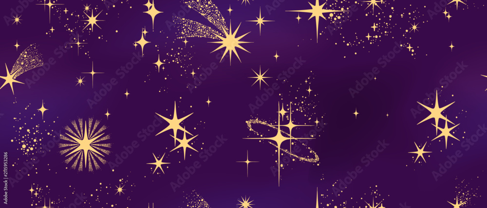 Obraz premium Christmas star seamless pattern, magic fantasy repeat background, celebration spark cosmic print. New Year stardust shiny wallpaper, festive doodle wrapping paper design. Night sky Christmas pattern