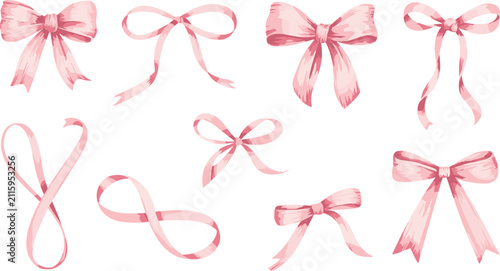 Watercolor Pink Ribbons and Bows Vector Element Collection for Coquette Aesthetic, Wedding Invitations, Baby Girl Showers, and Elegant Gift Wrap Designs