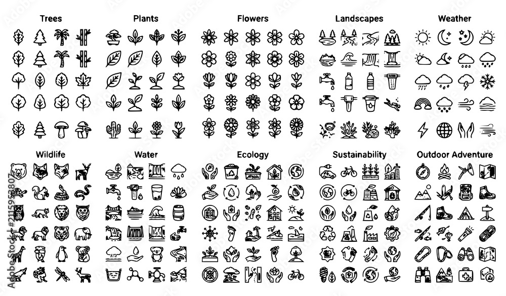 Obraz premium Set of hand drawn doodle icons representing nature wildlife ecology sustainability and outdoor adventure activities for design projects