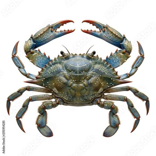 Blue crab with detailed shell texture isolated on white background