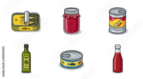 Preserved and canned food packaging vector icon set with sardine tin, jam jar, soup can, olive oil bottle, and ketchup bottle