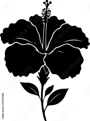 Hibiscus flower black silhouette vector, tropical floral bloom icon on white background, exotic botanical plant illustration for summer design