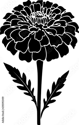 Zinnia flower silhouette vector, black floral blossom with stem and leaves, botanical garden plant illustration for wedding invitations and logo design