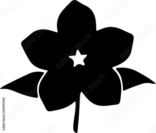 Minimalist black flower silhouette vector, simple floral blossom icon with star center, botanical nature element for logo design and branding