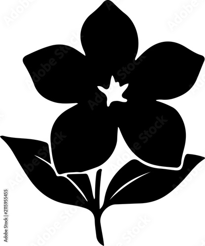 Minimalist black flower silhouette vector, elegant floral bloom with leaves, botanical garden plant icon for logo design and branding