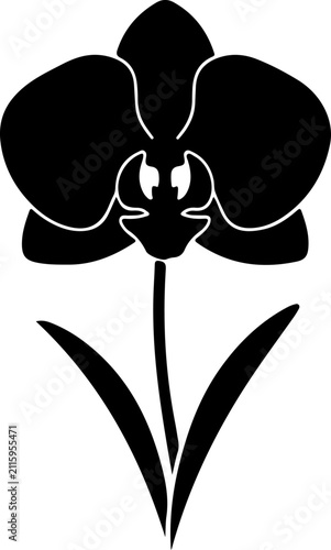 Minimalist orchid flower silhouette vector, black floral orchid icon with stem and leaves, elegant botanical blossom graphic for logo design