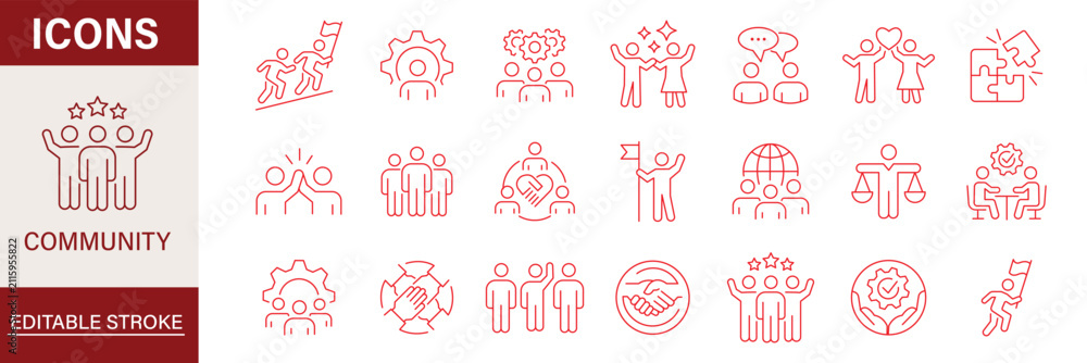 Obraz premium Modern Community line icon set. Neighborhood, friendship, family, love, teamwork, team building, leadership, unity, coworker outline icons. Love family care community outline icons. heart icons