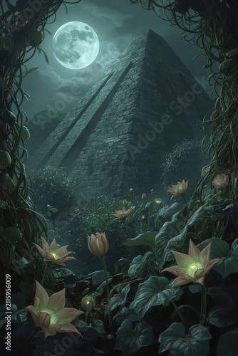 Night landscape with an ancient stone pyramid in the Mayan or Aztec style, towering in the middle of a dense jungle under the glow of a full moon.