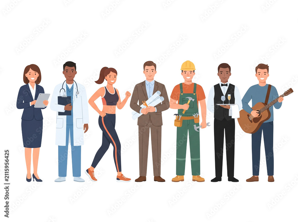 Obraz premium Diverse professional occupations set, group of people in different career uniforms, flat vector characters for labor day and recruitment