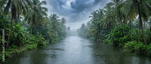 Peaceful Kerala backwaters during gentle monsoon rain with calm waterways, lush coconut palms, misty tropical scenery and serene travel destination
