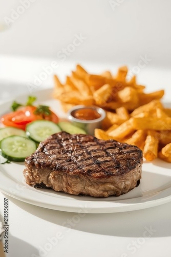 A juicy steak with clear grill marks served on a white plate with French fries and fresh slices of cucumber and tomato.