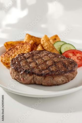 A juicy steak with clear grill marks served on a white plate with French fries and fresh slices of cucumber and tomato.