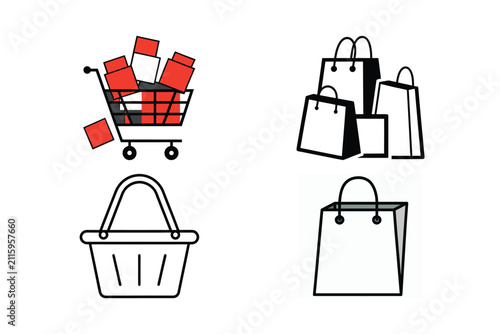 Shopping cart and bags set with various styles, outlines, and colors, representing retail, commerce, and consumerism.
