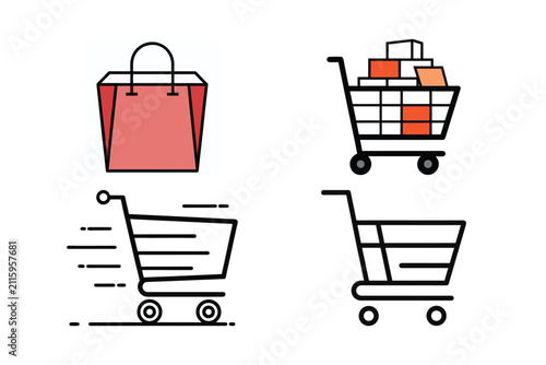 Assortment of shopping carts and bags, featuring various styles, speeds, and filled items, highlighting consumer activity.