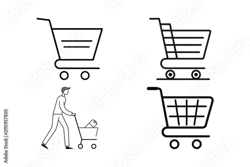 Set of shopping cart icons and person pushing a trolley, collection of various supermarket baskets on white background.