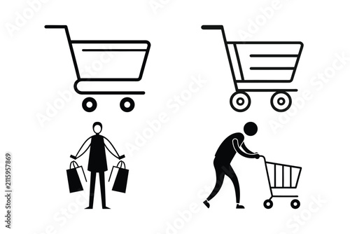 Set of shopping cart icons, people with shopping bags and pushing a trolley, supermarket baskets on white background.