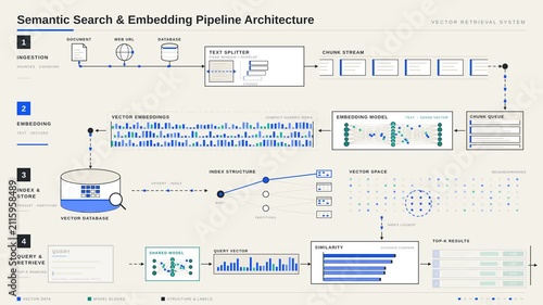 Explore a clean and modern semantic search and embedding pipeline architecture diagram with a warm off-white background, showcasing four processing tiers from ingestion to retrieval.