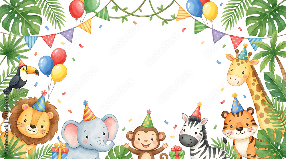 Obraz premium Jungle animal birthday party background. Cute safari theme invitation with watercolor animals.