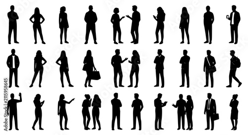 Standing people silhouette vector set with diverse male and female poses for urban lifestyle business and presentation graphics