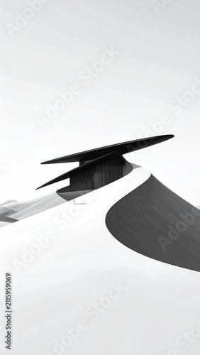 Sleek, futuristic structure atop undulating dunes