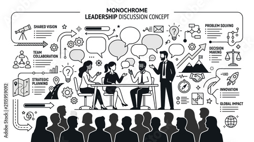 Leadership team discusses strategic goals and innovation during a formal presentation to an audience in a professional monochrome graphic setting.