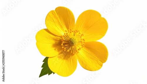 Bright yellow flower with five petals and intricate center on white