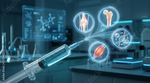 Medical syringe with holographic icons representing regenerative medicine and biological research