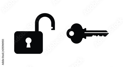 Unlocked Padlock And Key Silhouette On White Background