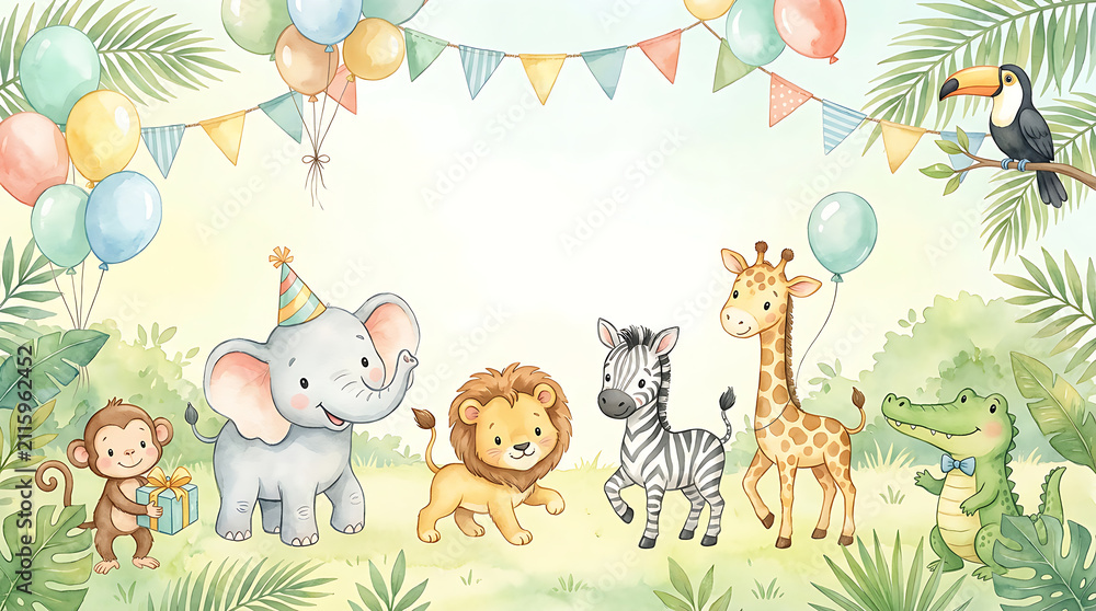Fototapeta premium Baby safari animal birthday party decorations with balloons. Cute jungle theme nursery celebration featuring plush wildlife and festive garland.