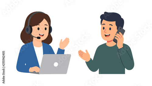 Customer support agent with headset assisting phone caller