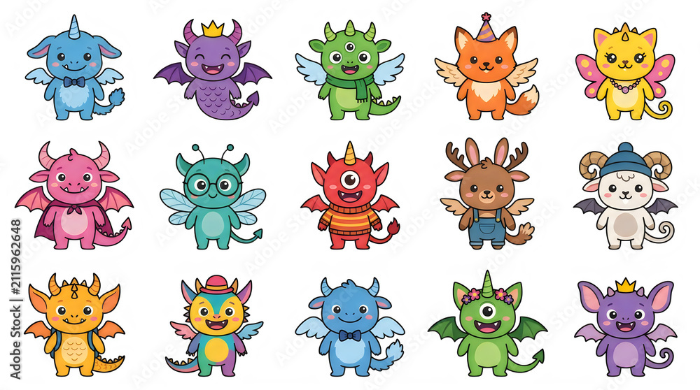 Obraz premium Set of cute colorful pixel art monster characters for retro video games