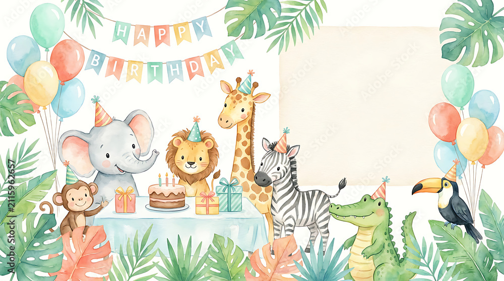Fototapeta premium Baby safari animals birthday party background. Cute jungle creatures with cake and balloons.
