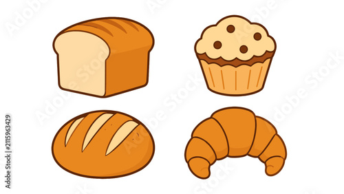 Foto Cartoon bakery set with bread loaf muffin bun and croissant