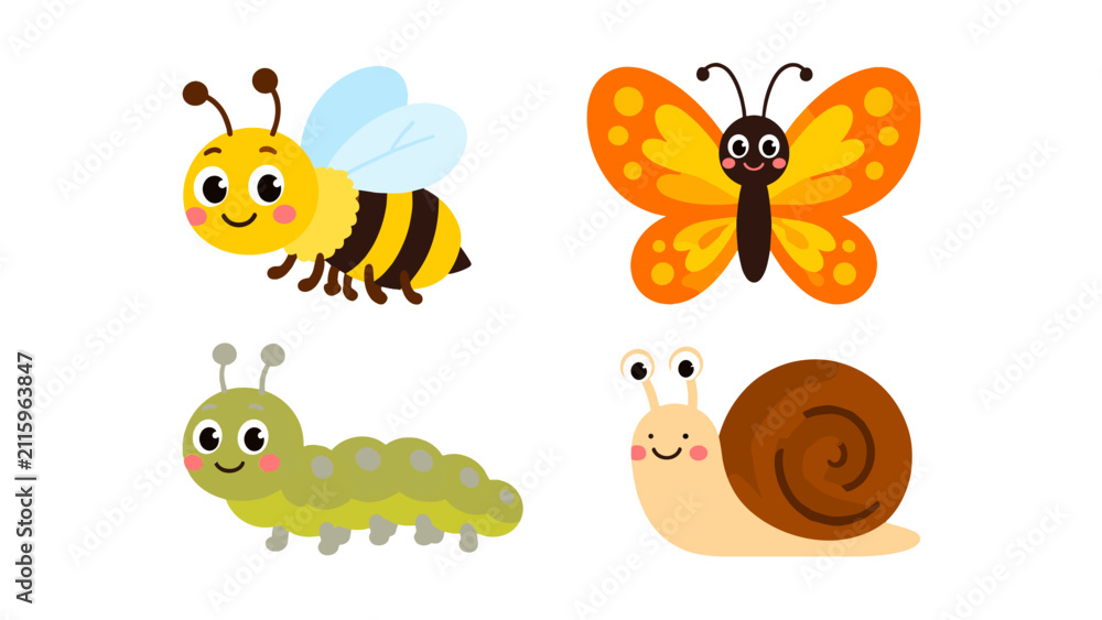 Naklejka premium Cute cartoon insect and snail character set on white background