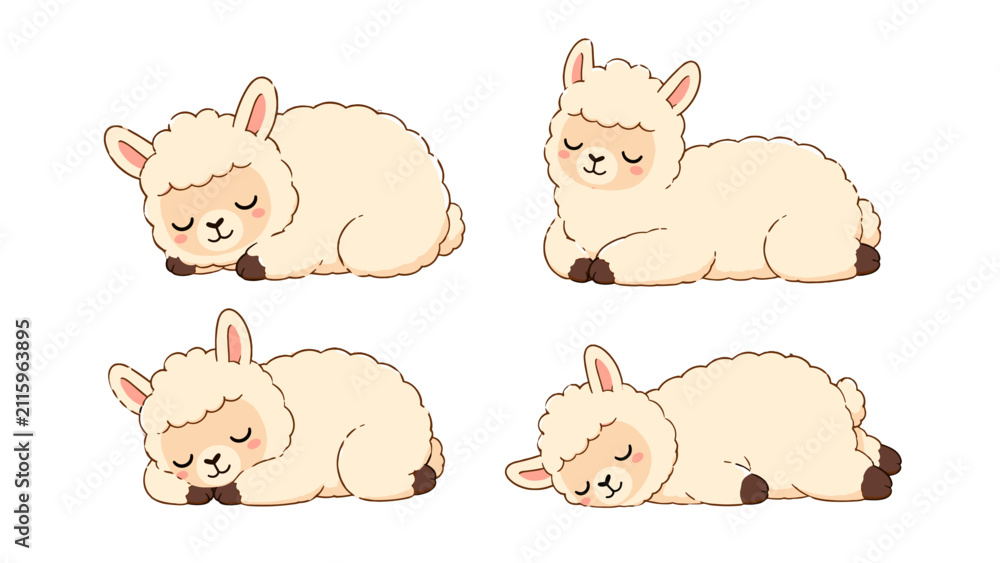 Fototapeta premium Cute sleeping alpaca cartoon set in soft pastel vector style
