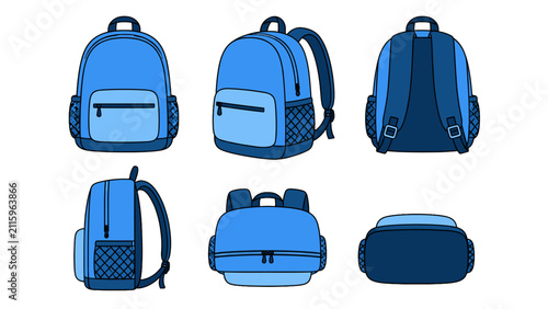 Blue backpack set with front side back top and bottom views
