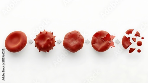 Stages of red blood cell hemolysis isolated on white background