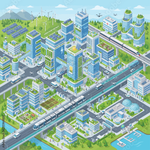 Isometric Smart Eco City with Renewable Energy and Sustainable Urban Planning