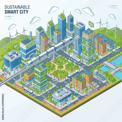 Isometric Sustainable Smart City with Renewable Energy and Green Infrastructure