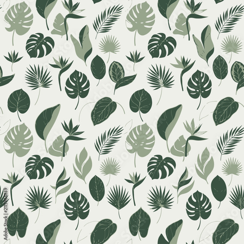 Seamless Tropical Leaf Pattern with Green Foliage on Light Background