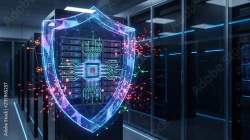Cuadro en lienzo Abstract cybersecurity digital shield protecting server mainframe in high tech data center