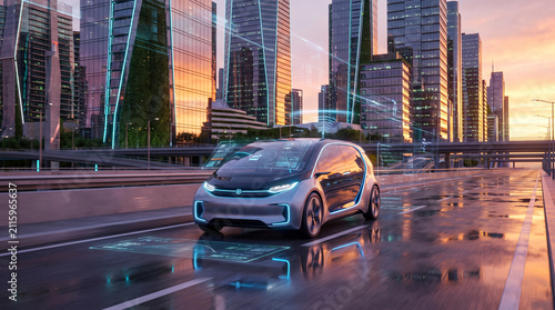 Obraz na płótnie Autonomous electric car drives through futuristic city with digital overlays