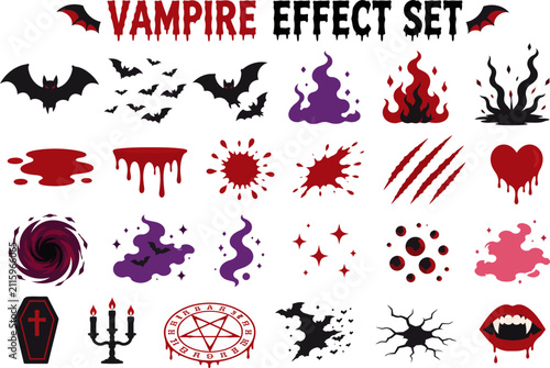 Vampire Effect Set Collection with Bats, Blood Splatters, Dark Magic, Coffin and Horror Vector Elements
