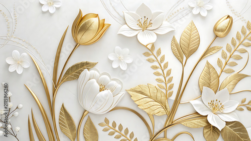 Sophisticated gold and white floral sculptural art with sculpture