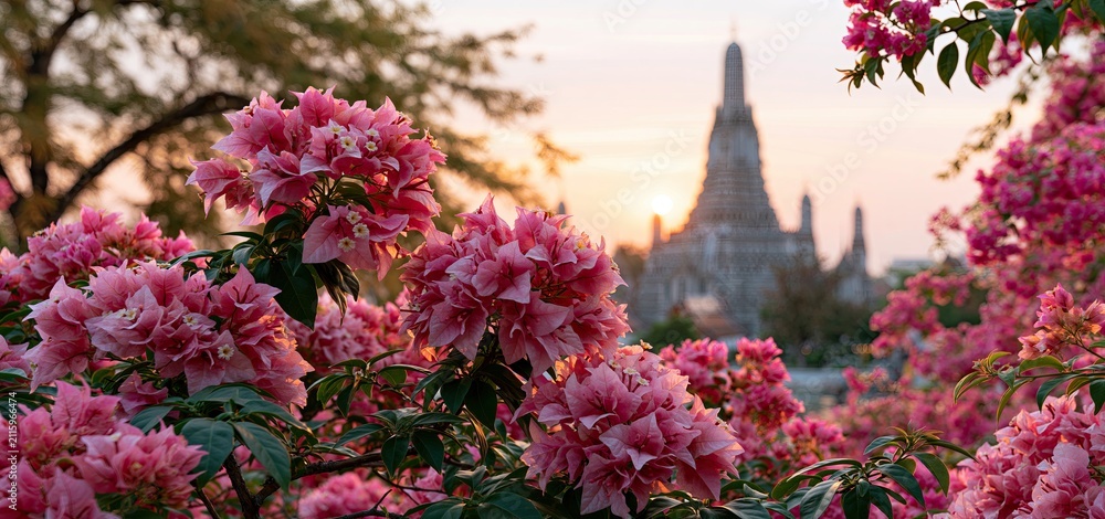 Obraz premium Tropical flowers brighten the foreground of a renowned Thai temple bathed in early morning sunlight.