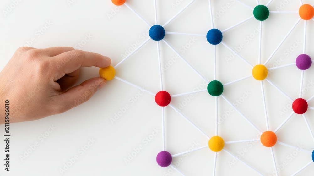 Obraz premium Hand Connecting Colorful Nodes in a Network Illustration Representing Freight Flexibility and Connections