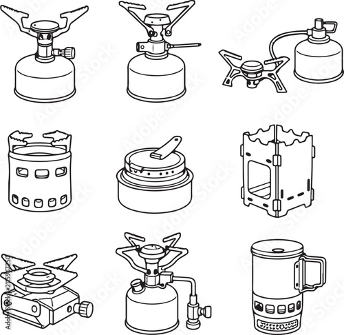 A collection of line art illustrations displays various types of portable camping stoves.