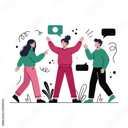 Illustration of three friends arguing and fighting with speech bubbles indicating conflict and disagreement